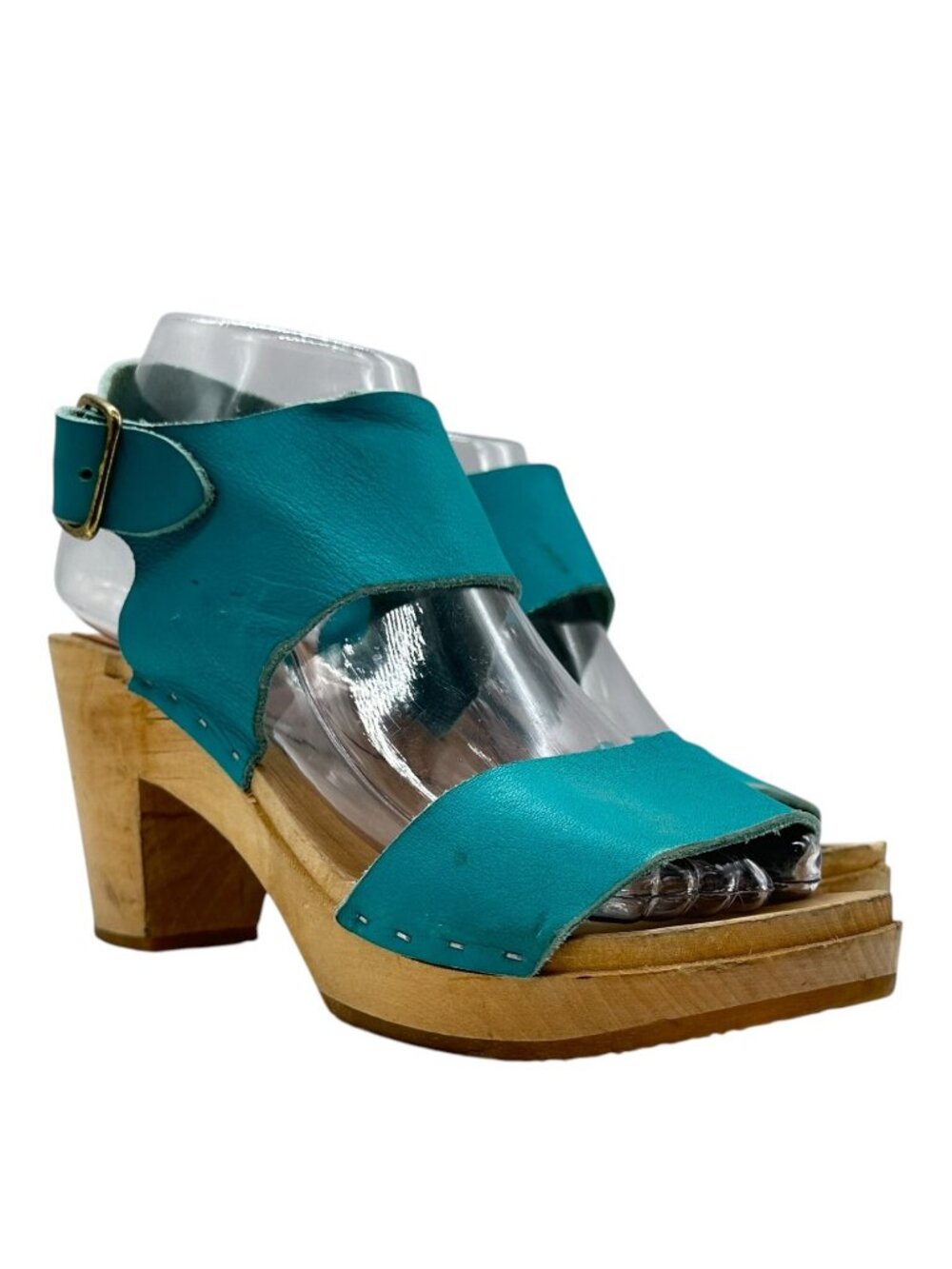 Bryr Maya Leather Clog Sandals 38 8 Limited Edition Teal USA Ankle Strap Heel